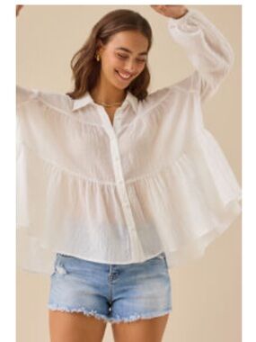 Altar'd State White Sheer Ruffle-Tiered Button Front Blouse